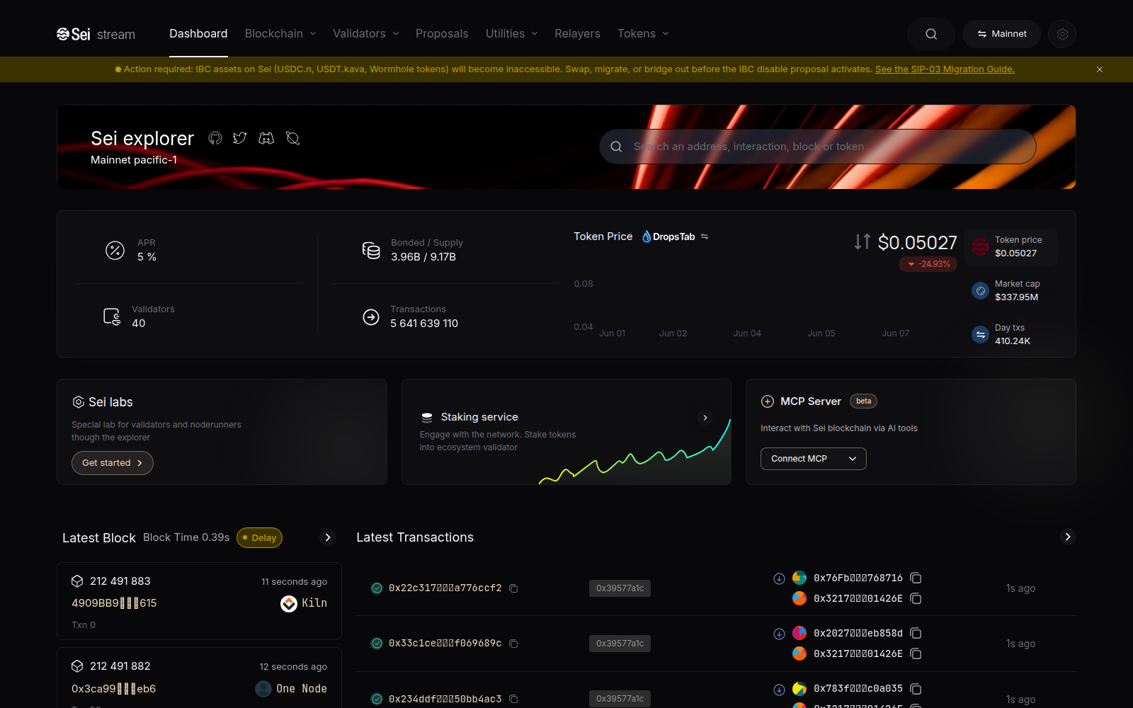 Sei explorer dashboard with MCP Server widget and live transactions