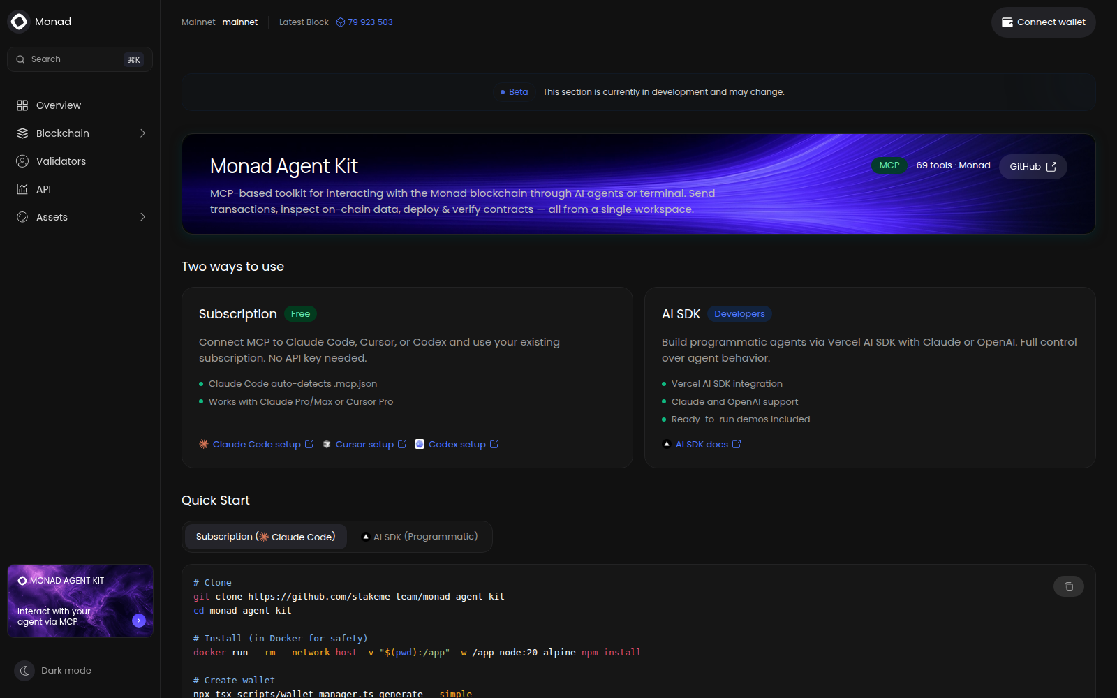 Monad Agent Kit — Subscription and AI SDK paths